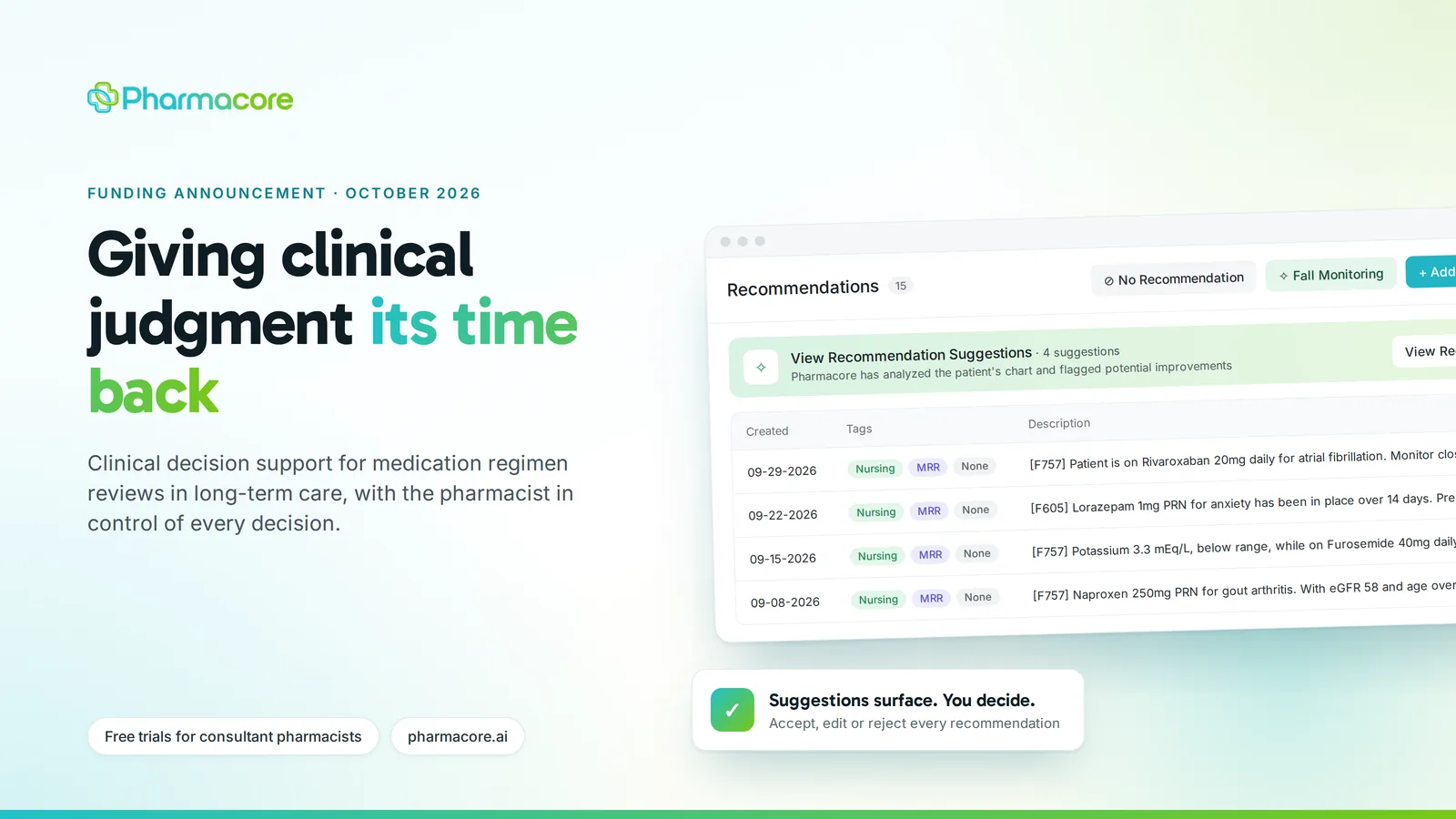 Pharmacore recommendations view showing four suggested recommendations for the pharmacist to accept, edit or reject