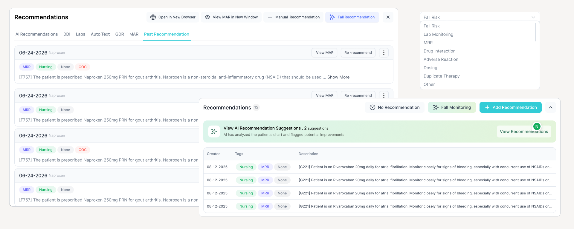 Pharmacore recommendations screen with generated medication regimen review findings ready for pharmacist decisions