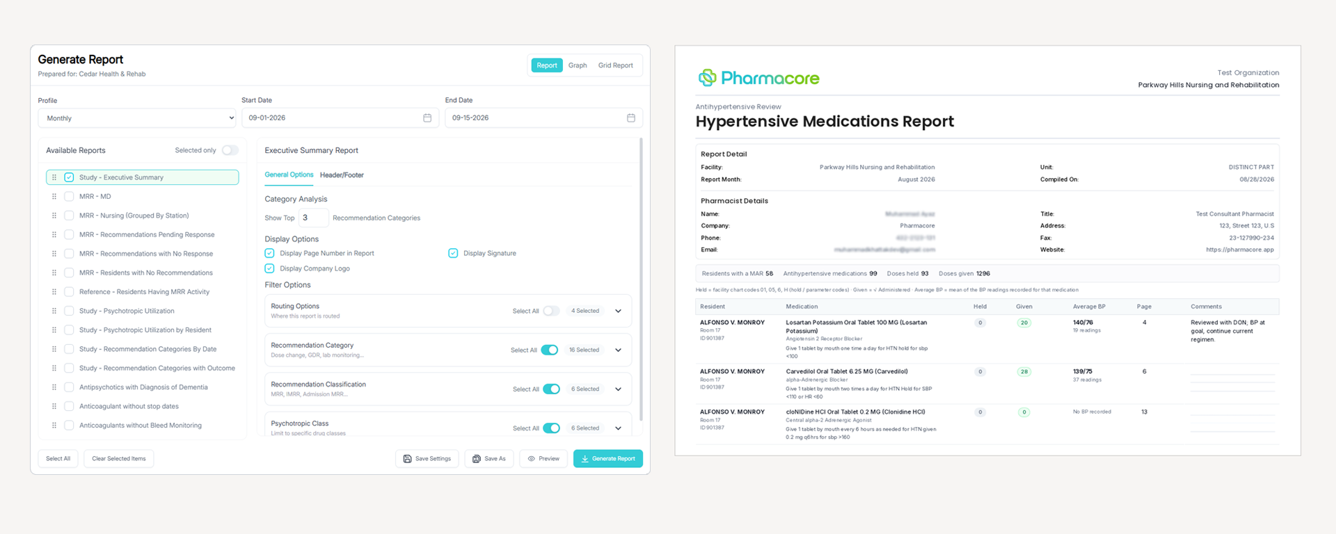 Pharmacore report builder with selectable report types next to a generated hypertensive medications report