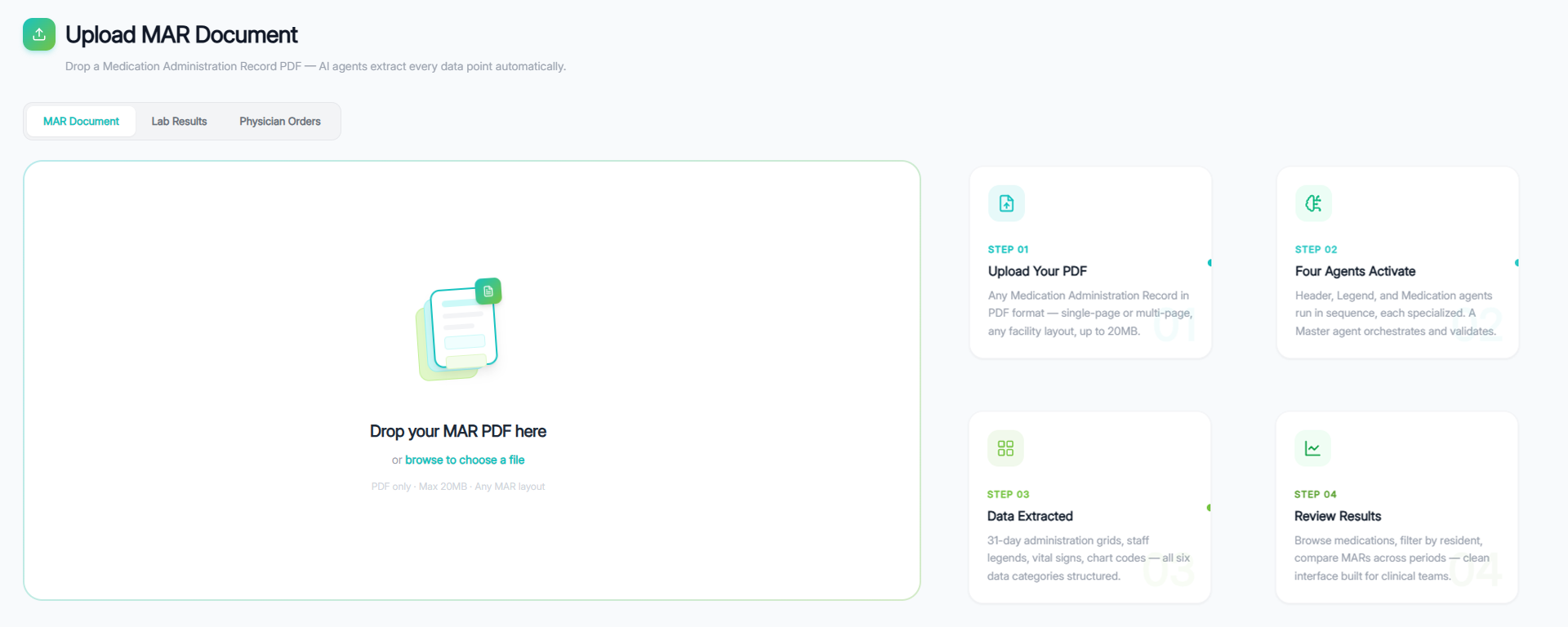 Pharmacore upload screen for MARs, lab results and physician orders with automatic analysis